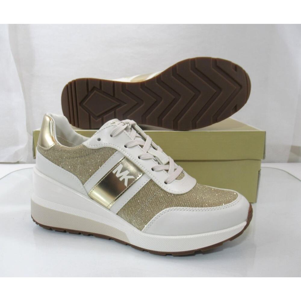 Michael Kors Mabel Trainer Wedge Sneakers Glitter Chain Mesh Pale Gold - Picture 6 of 6